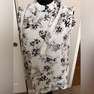 Linen blend Who What Wear Blush and Black Floral Tie-Neck Dress